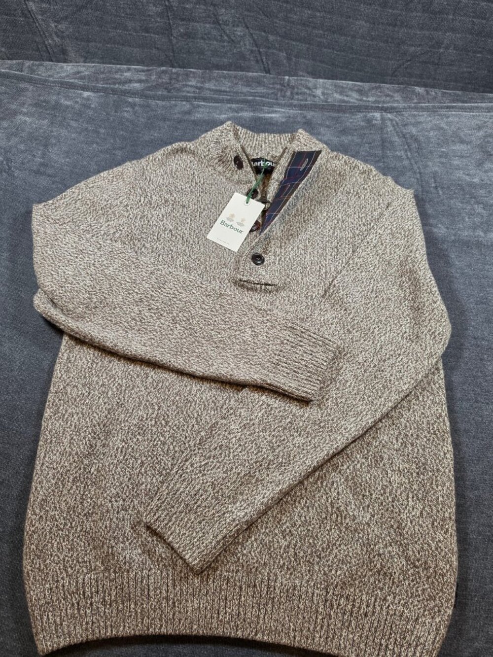 NWT Barbour Sid Buttoned Half Zip Sweater Men's L Taupe Brown Marl Tartan Trim